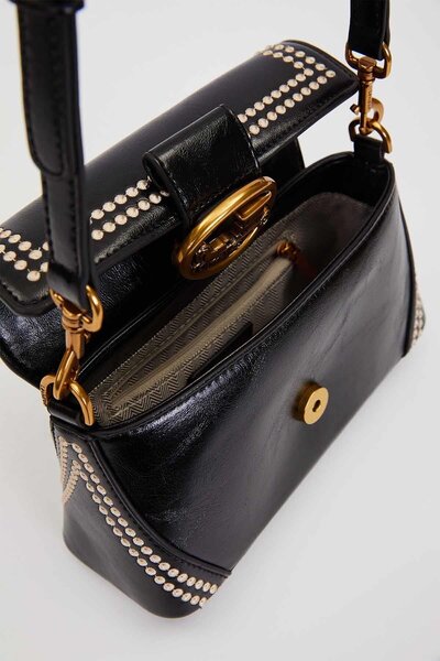 Levidor Authentic Phaeton Women's Shoulder Bag with Metal Logo and Ethnic Pattern Detail Lv930575 Black