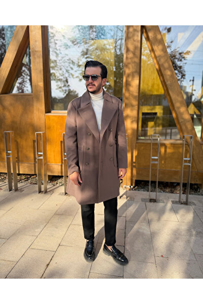 Avni Ceylan Men's Bat Collar Double-Breasted Long Cashmere Coat