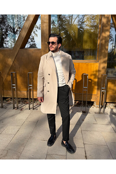 Avni Ceylan Men's Bat Collar Double-Breasted Long Cashmere Coat