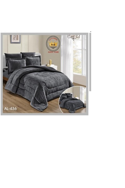FABRIC A luxurious 6-piece velvet double bed comforter set in dark gray, featuring a design that adds warmth and elegance to the room.