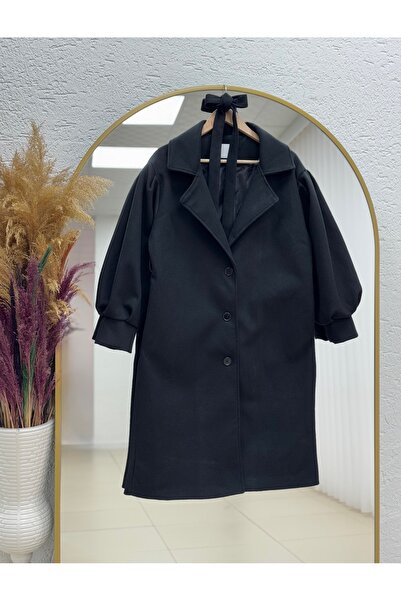 MİHRA STORE Basima Balloon Sleeve Lined Buttoned Cashmere Coat-Ek4114 Black