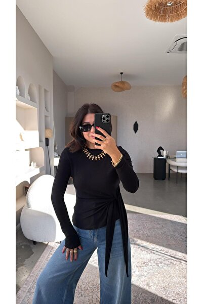 Buket Teke Μαύρη μπλούζα με κορδόνια από εισαγόμενο ύφασμα