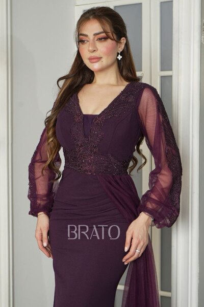 BRATO Mauve embroidered crepe lycra evening dress