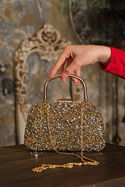 ROZA CANTA Дамска златна каменна вечерна сватбена чантичка