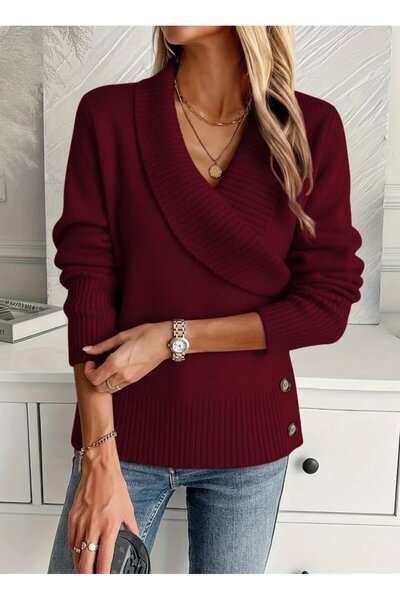 Modayakamoz Kadın Uzun Kollu Yakalı Yandan Düğmeli Triko Bluz