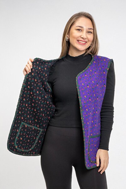 Eliş Şile Bezi Sleeveless Virgin Mary Double-Sided Pocket Flannel Winter Vest Black/Purple Syh/Mr