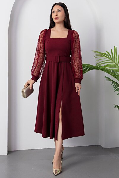 Moday Women's Burgundy Crepe Fabric Belted Long Tulle Sleeve Square Neck Midi Length Dress 1C-4375