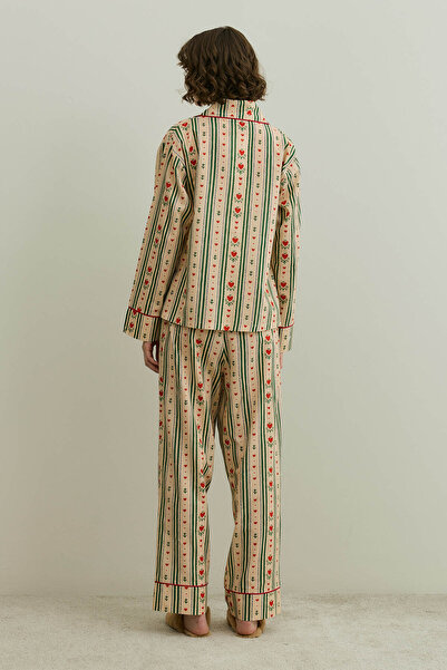 Fahhar Heart Patterned Cotton Pajama Set Beige
