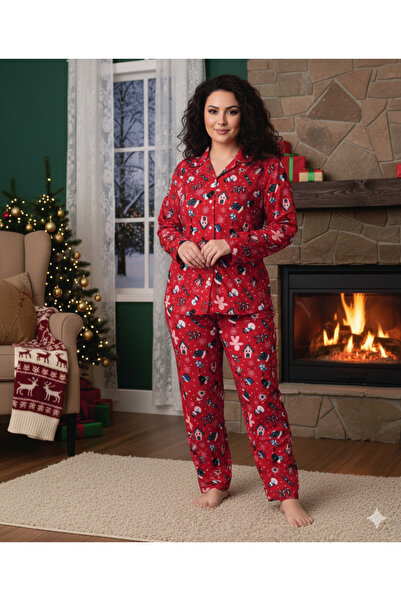 HAYAL HOME WEAR Büyük Beden Süet Yılbaşı Temalı Kadın Pijama Takımı Ekstra Yu...