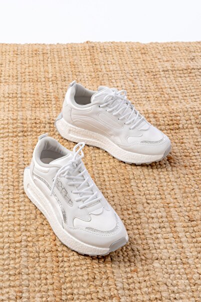 Zerenyus Zri̇nf-307 Premium White Lace-Up Satin Women's Sneaker with Stone Accessories