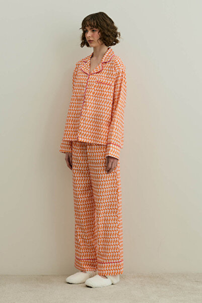Fahhar Patterned Cotton Pajama Set Orange