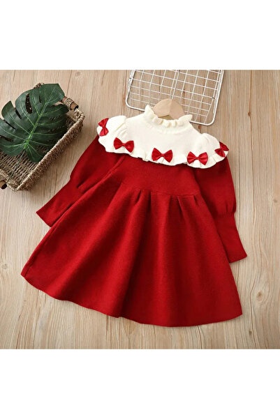 Little Dress Rochie pulover rosie cu guler barcuta alb si fundite adorabile