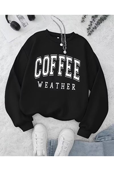 LELVANİ Φούτερ Unisex με στάμπα με γραπτό σχέδιο και μοτίβο καφέ και καιρού