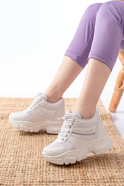 Zerenyus Zri̇nf-209 Premium White Lace-Up Mesh Women's Sneaker with Stone Accessories