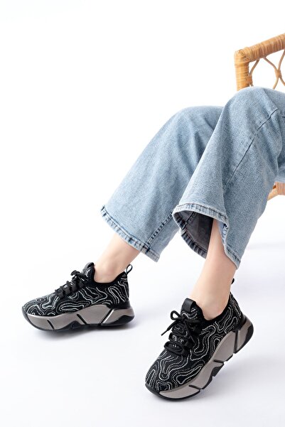 Zerenyus Zri̇nrs-402 Premium Black Lace-Up Mesh Stone Platinum Sole Women's Sneaker