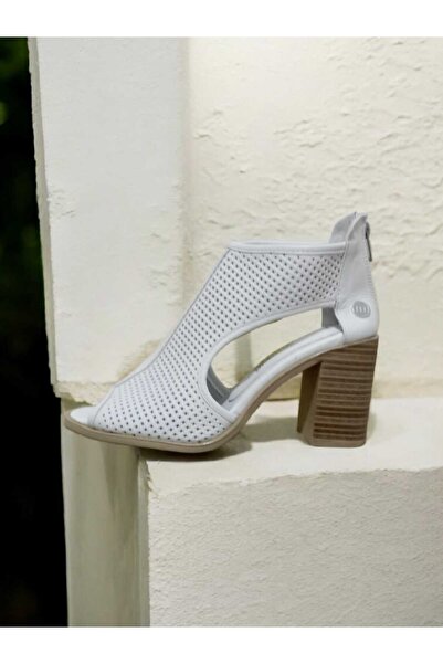 Mammamia 2680 Genuine Leather Patterned Thick Heeled Shoes with Back Zipper