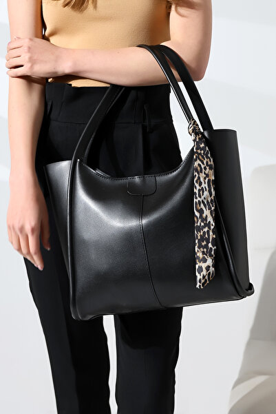 Encool Geantă de umăr din piele cu fermoar, cu detaliu de eșarfă leopard, pentru femei - Geantă de dimensiuni mari, elegantă și rafinată