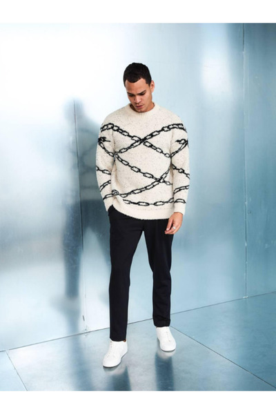 Chirkef Unisex Krem Oversize Zincir Desenli Triko Kazak KZ