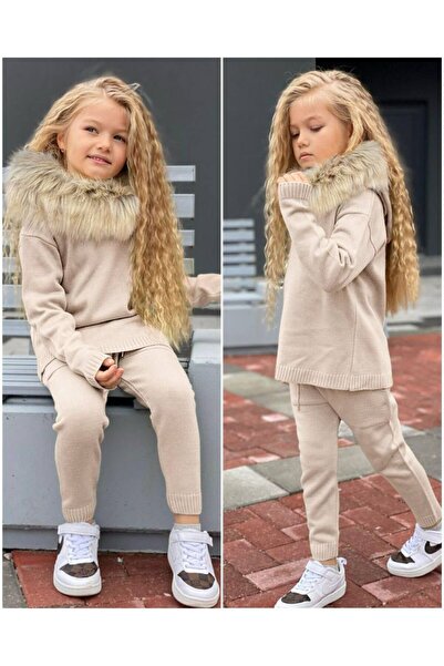 KOKOŞ BEBEK Girl's Knitwear Fur 2-Piece Set – Age 2/12 – Detachable Fur Detail – Stock Code: 31585