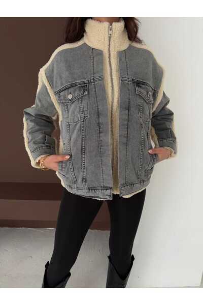 DAME Palton pentru femei din pluș tip miel, cu fermoar, cu bordură din denim negru