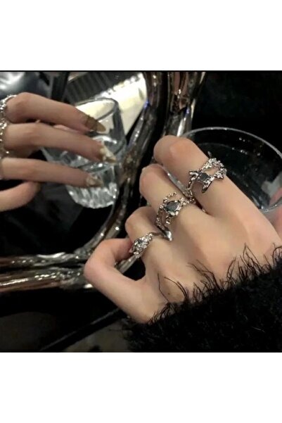 Aeterna&Inoxza 3'lü Tasarım Ayarlanabilir Gümüş Çelik Yüzük- Paslanmaz Çelik