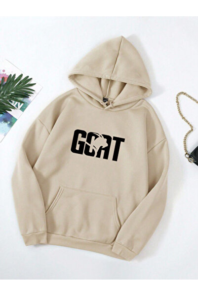 Rivox Unisex Beige Hooded Oversized Sweatshirt Black Goat Printed Design