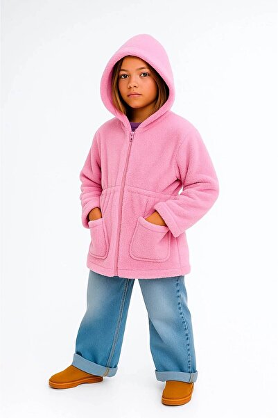 falcomini Kız Çocuk Ceket.Hırka Peluş Kapüşonlu Uzun Kollu 4-9 Yaş