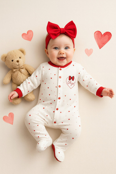 Ozz Baby Newborn Baby Girl 3-6-9 Months Bow with Heart Printed Angel Jumpsuit