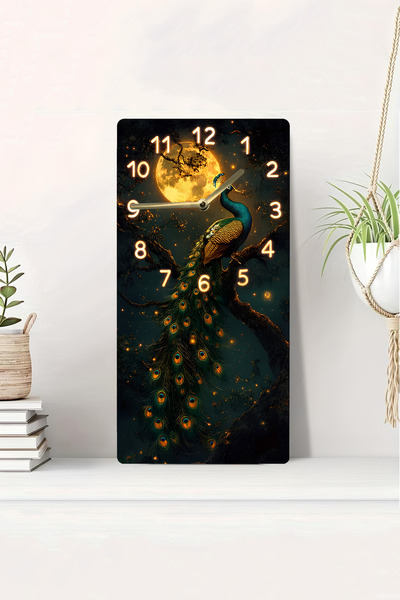 kutuTR 3D Looking Peacock and Full Moon Themed 2D Uv Printing Mdf Table Clock 20X40 Cm-Dts090