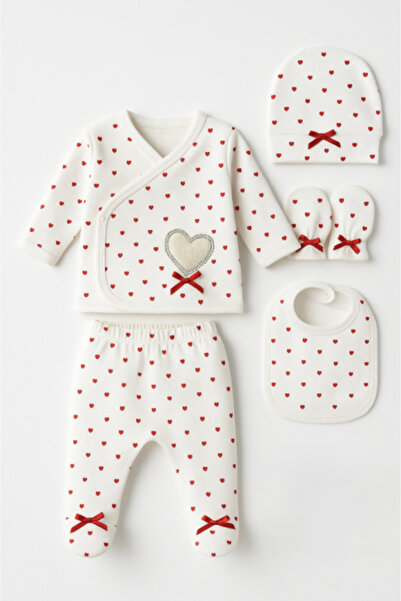 Bubu-Still Set nou-născut 5 piese, bumbac pieptănat, inimioare