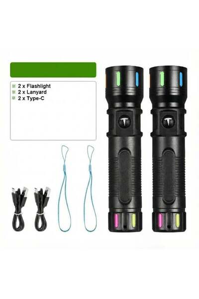 TEFONER [عبوة من قطعتين] مجموعة مصابيح يدوية تكتيكية TE-S11 - عالية الطاقة، قابلة للتكبير والتصغير، قابلة لإعادة الشحن من النوع C