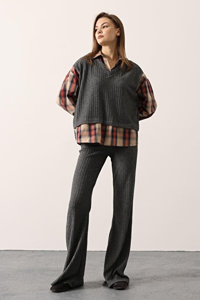 LaliCo Anthracite Knitwear Set with Plaid Shirt Detail