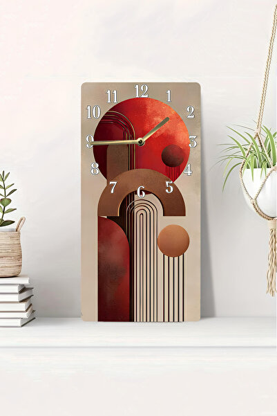 kutuTR 3D Görünümlü 2D UV Baskı MDF Tablo Saat – Kırmızı Geometrik Soyut Desen – 20x40 cm-DTS095