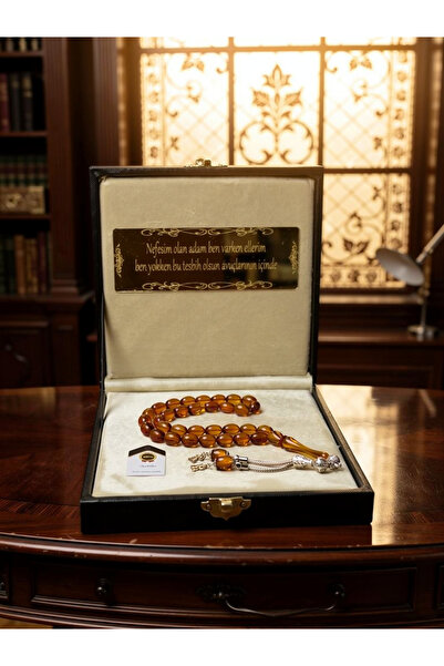 TESBİH-i DiYAR Kişiye özel sertifikalı ateş kehribar,kişiye özel kutu yazılı tesbih