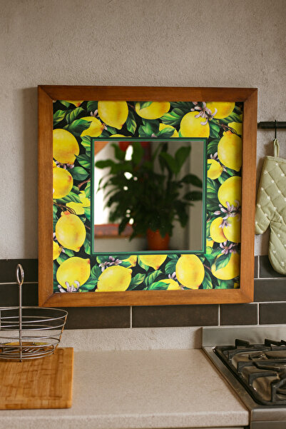 LudenHome Akdeniz Limon Fine Art Masif Ağaç Çerçeveli Dekoratif Ayna 32×32 cm