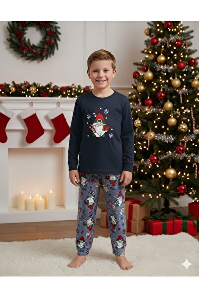 Serena Navy blue & light grey Christmas children's pajamas with dwarf and lollipop