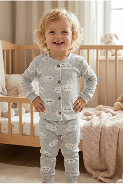 mini&sweet Baby Set Cotton Cloud Pattern Buttoned Top and Bottom
