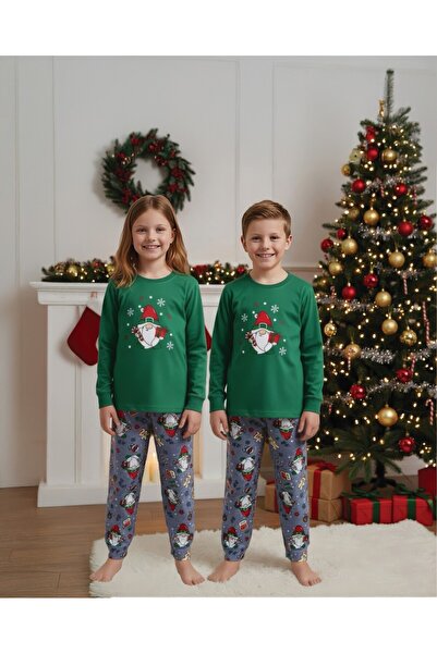 Serena Green & light grey Christmas children's pajamas with dwarf and lollipop