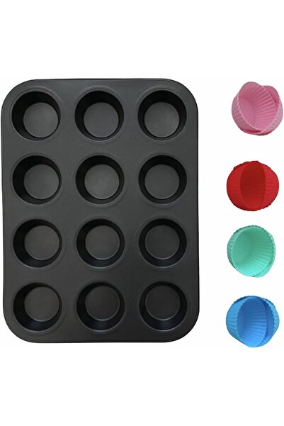 TERRION صينية خبز مافن غير لاصقة مع 12 قالب سيليكون، متعدد الألوان، الطول 35.9 × العرض 26.5 × العمق 3
