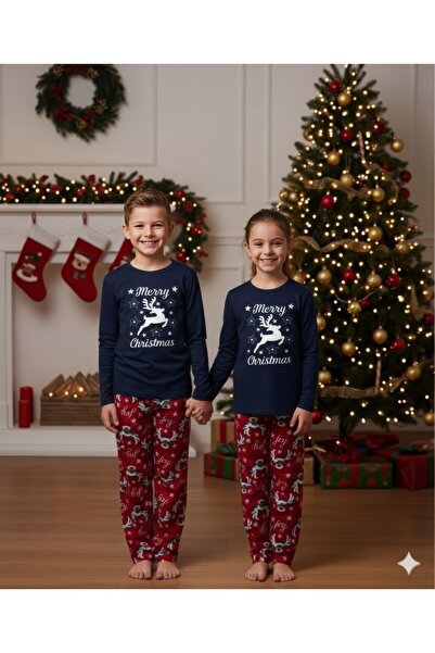 Serena Navy & Red Christmas Kids Pajamas with Reindeer "Merry Christmas"