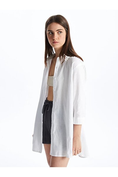 LC Waikiki Lcw Dream Ecru Shirt Collar Straight Long Sleeve Women's Beach Dress (S4)