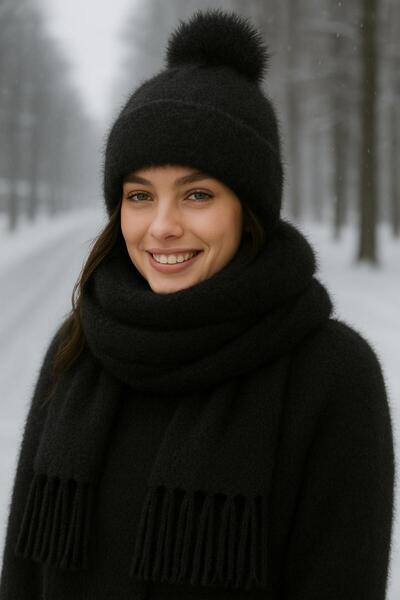 kuru Süper İkili Kış Seti – Kadın Bere & Atkı Kombini