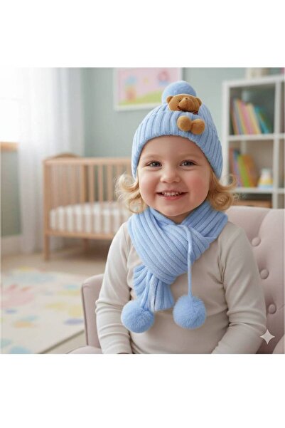 EXTRAÇARŞI طقم وشاح وقبعة للفتيات مع دمية دب للأطفال من عمر 6/18 شهرًا