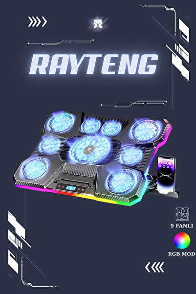 RAYTENG Notebook Soğutucu 9*Fan + Telefon Standı 14-18" RGB Siyah