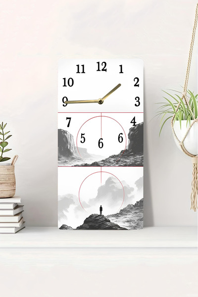 kutuTR 3D Looking 2D Uv Printing Minimal Mountain and Human Figure Mdf Table Clock 20X40 Cm-Dts115