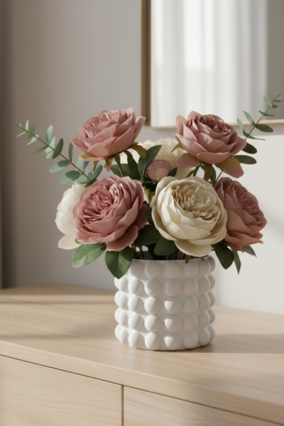 MEK مزهرية بلاستيكية مزخرفة ذات ملمس فقاعي باللون الأبيض (10x11 سم)