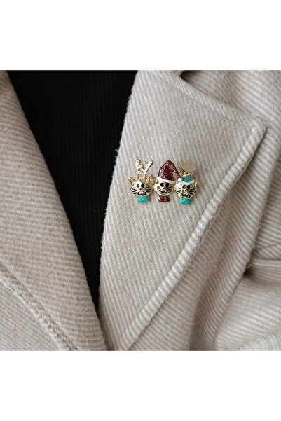 LENTE AKSESUAR Üçlü Yeni Yıl Kedisi Broş-Gold Renk Üç Kedi Figürlü Yılbaşı Broşu, Noel Baba Şapkalı