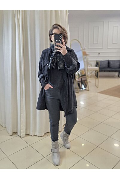 pudubutik Oversized Italian Velvet Tunic Shirt Anthracite