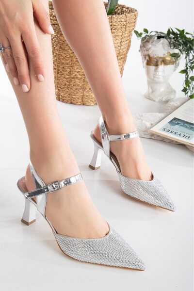 DAMMERUN Back Open Buckle Detailed Thin Heeled Women's Evening Dress Silver C...