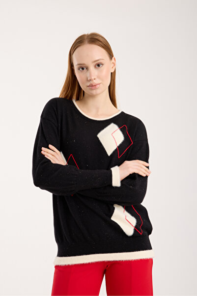 Clothes Fast Women's Black Geometric Patterned Round Neck Glitter Knitwear Blouse